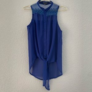 EUC sheer lace detail front tie sleeveless blouse